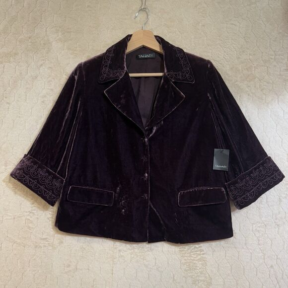 NWT TAHARI Velour Velvet Swing Jacket Blazer Sz 2 Embroidered Accents Purple$468 - Picture 13 of 16
